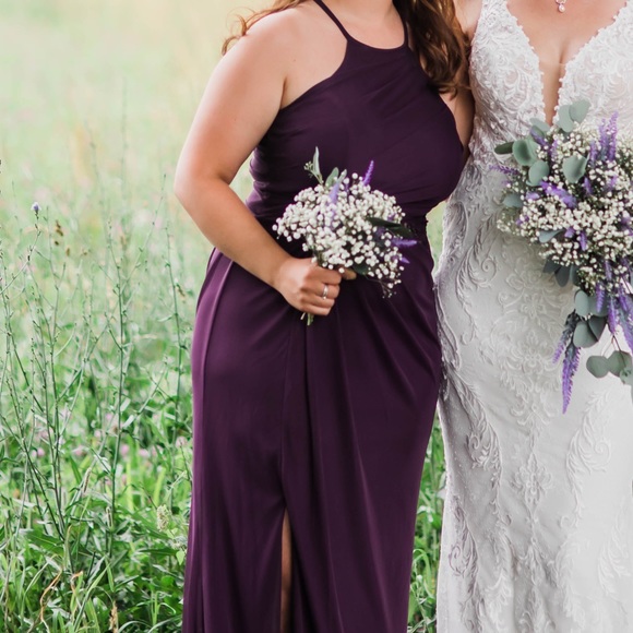 High-Neck Mesh Bridesmaid Dress with Lace Inset - Picture 4 of 11